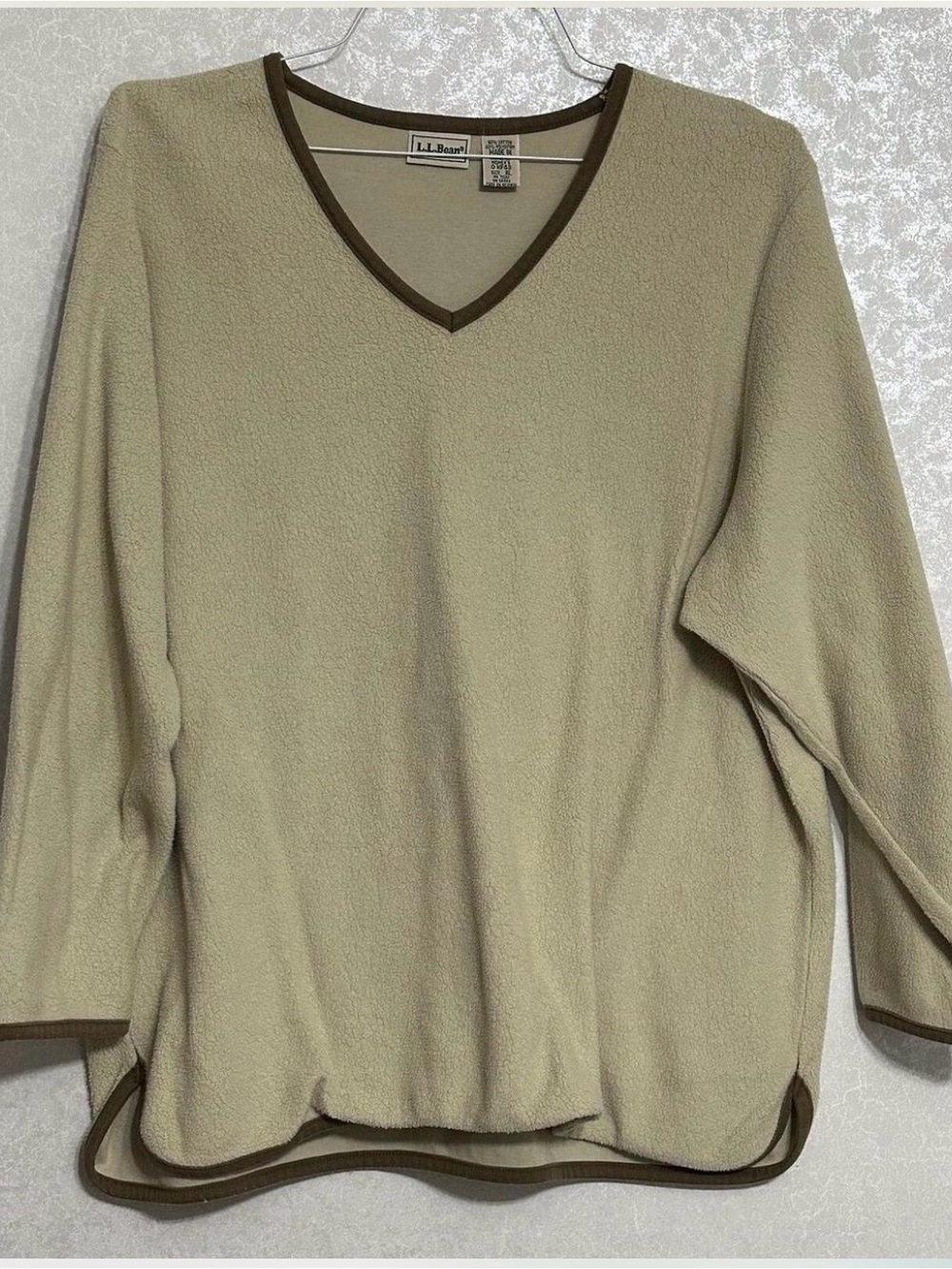 L.L. Bean Women's Cream V-Neck Fleece Sweater with Brown Trim